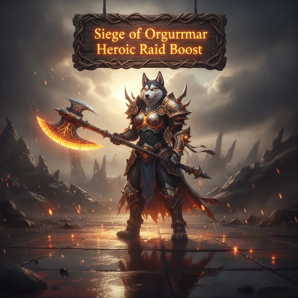 A fantasy-themed artwork featuring an anthropomorphic Husky character in impressive armor, set against a backdrop evoking the challenging Siege of Orgrimmar Heroic raid in WoW MoP Classic.