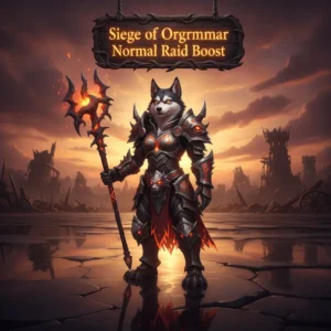 Fantasy artwork featuring an anthropomorphic husky character in intricate armor, themed around the Siege of Orgrimmar Normal Raid content in World of Warcraft MoP Classic.