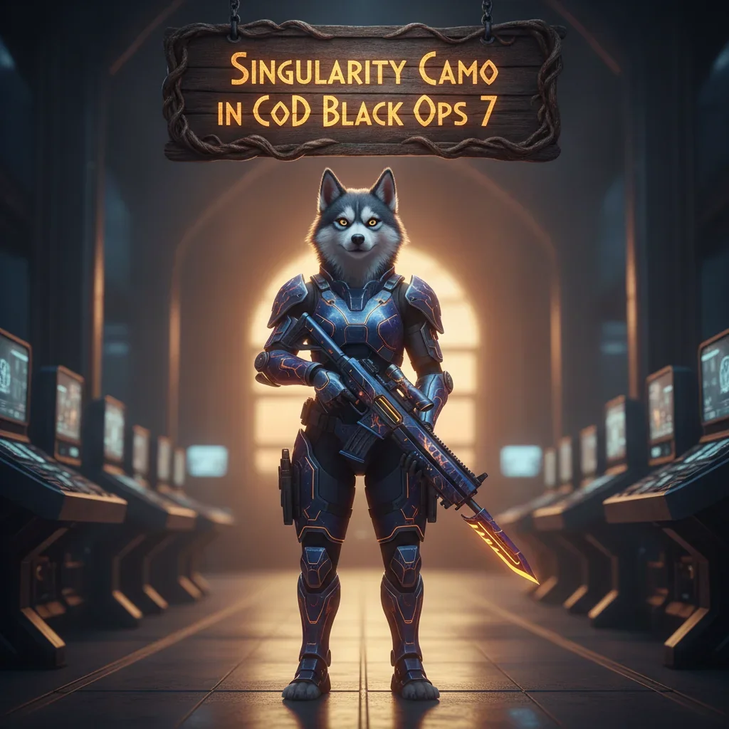 Fantasy artwork with an anthropomorphic husky character wearing themed armor, in a cosmic setting, related to Singularity Camo unlock content for Black Ops 7.