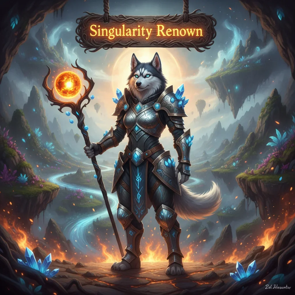 Anthropomorphic husky character in detailed fantasy armor, set against a dark, cosmic World of Warcraft Midnight-themed background, representing Singularity Renown objectives.