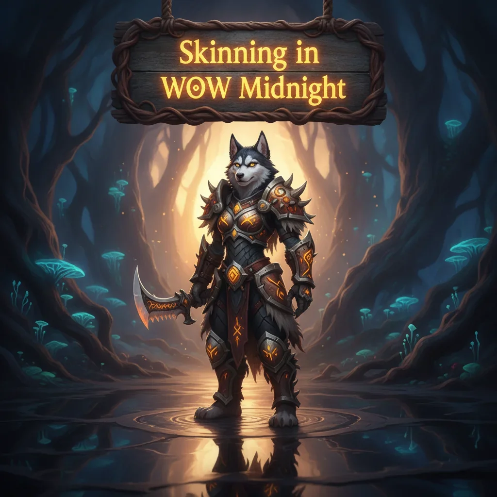 Fantasy artwork depicting an anthropomorphic Husky in themed attire, related to profession skill progression and resource gathering content.