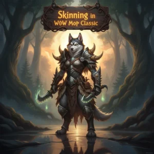 Fantasy artwork featuring an anthropomorphic husky in a vibrant game-inspired environment, themed around Skinning in WoW Mists of Pandaria Classic.