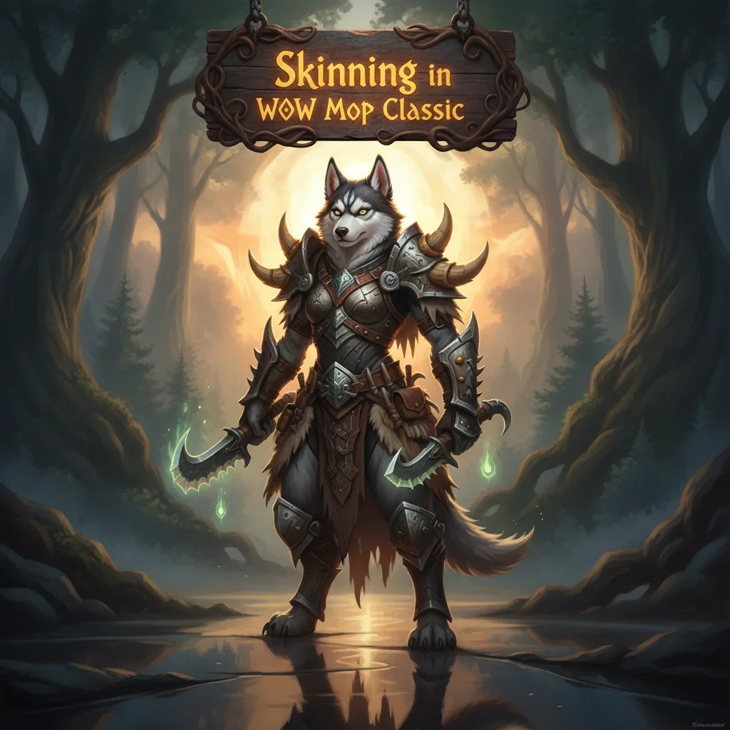 Fantasy artwork featuring an anthropomorphic husky in a vibrant game-inspired environment, themed around Skinning in WoW Mists of Pandaria Classic.