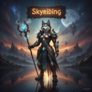 Fantasy artwork of an anthropomorphic Husky character in a themed outfit, set in a vast, cloud-filled sky landscape, representing Skyriding content and related objectives within a fantasy game.