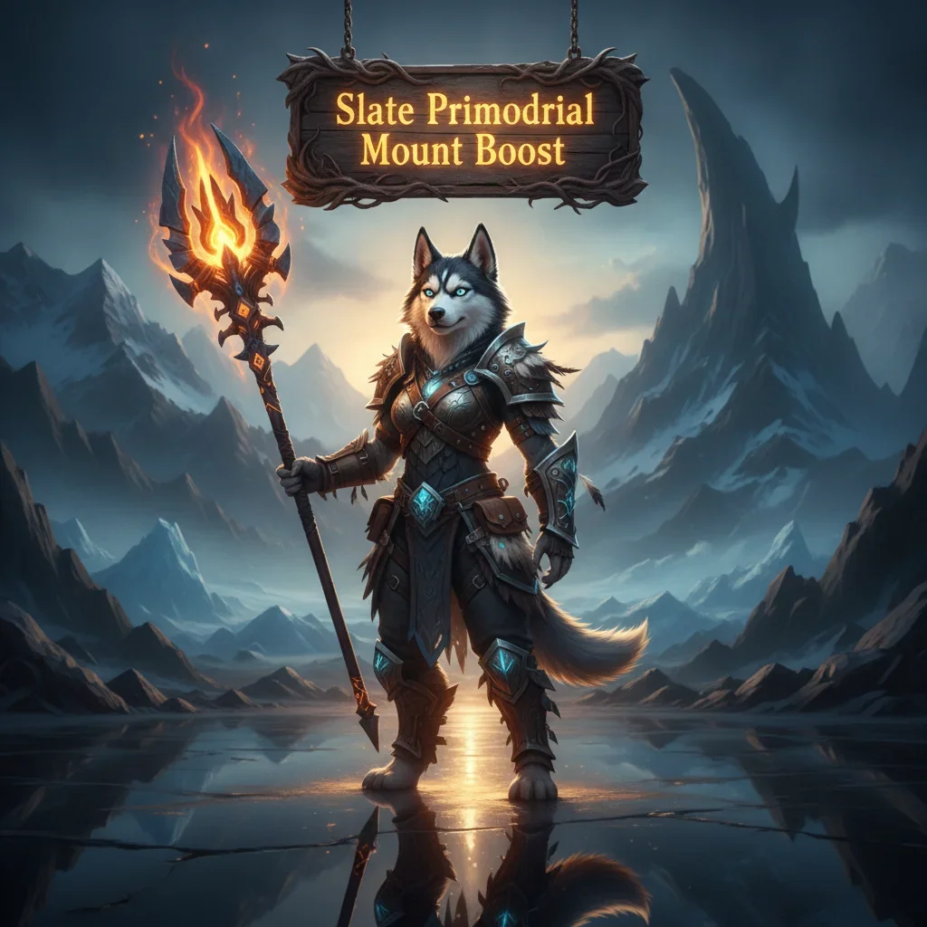 Fantasy artwork with an anthropomorphic husky character in themed attire, standing in a wild, prehistoric environment, related to the Slate Primordial Direhorn mount acquisition in WoW MoP Classic.