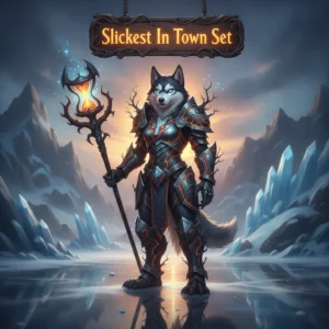 Anthropomorphic husky character in intricate fantasy armor, representing strategic gear set acquisition objectives in a magical, night-themed world.