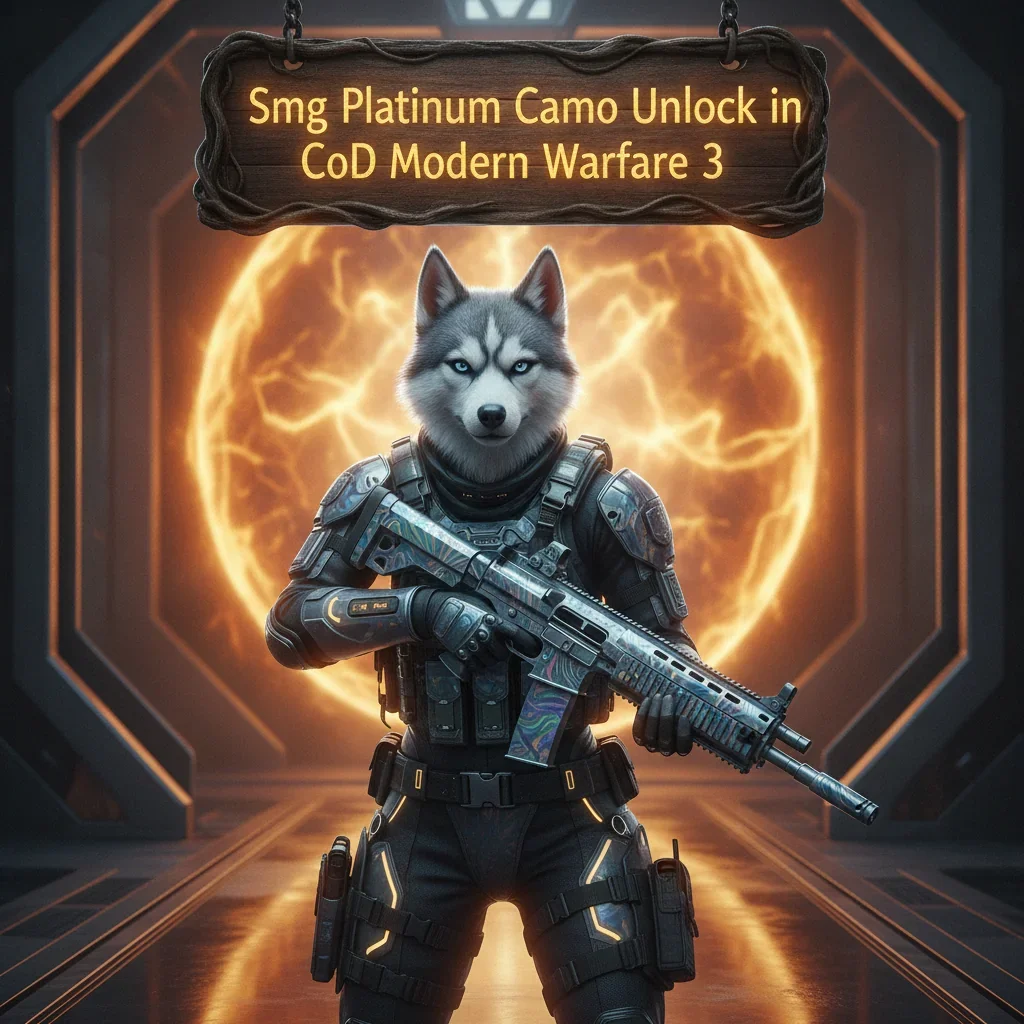 Anthropomorphic husky character in detailed fantasy armor within a game-inspired environment, themed around Modern Warfare 3 weapon customization.