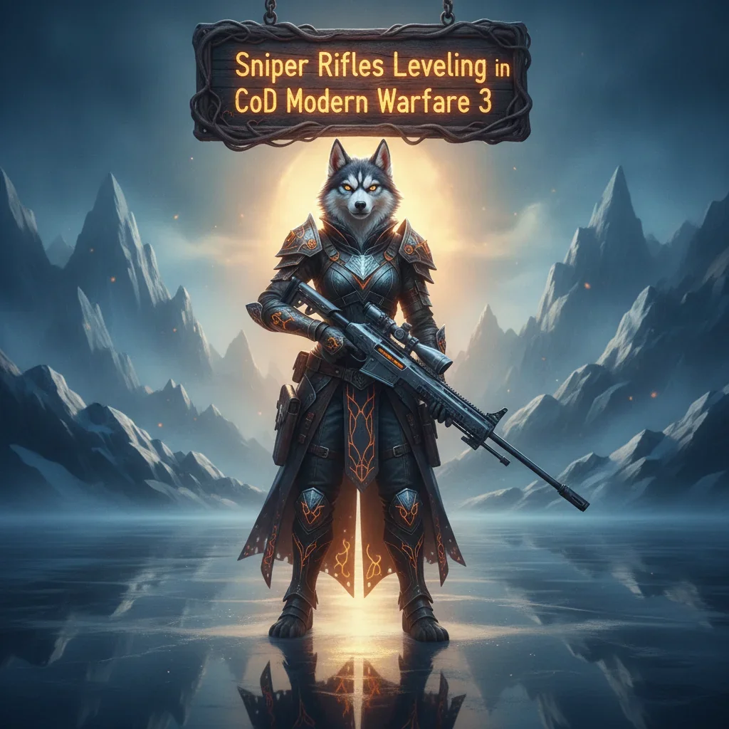 An anthropomorphic husky character in fantasy attire stands in a mystical setting, representing sniper rifle weapon enhancement content.