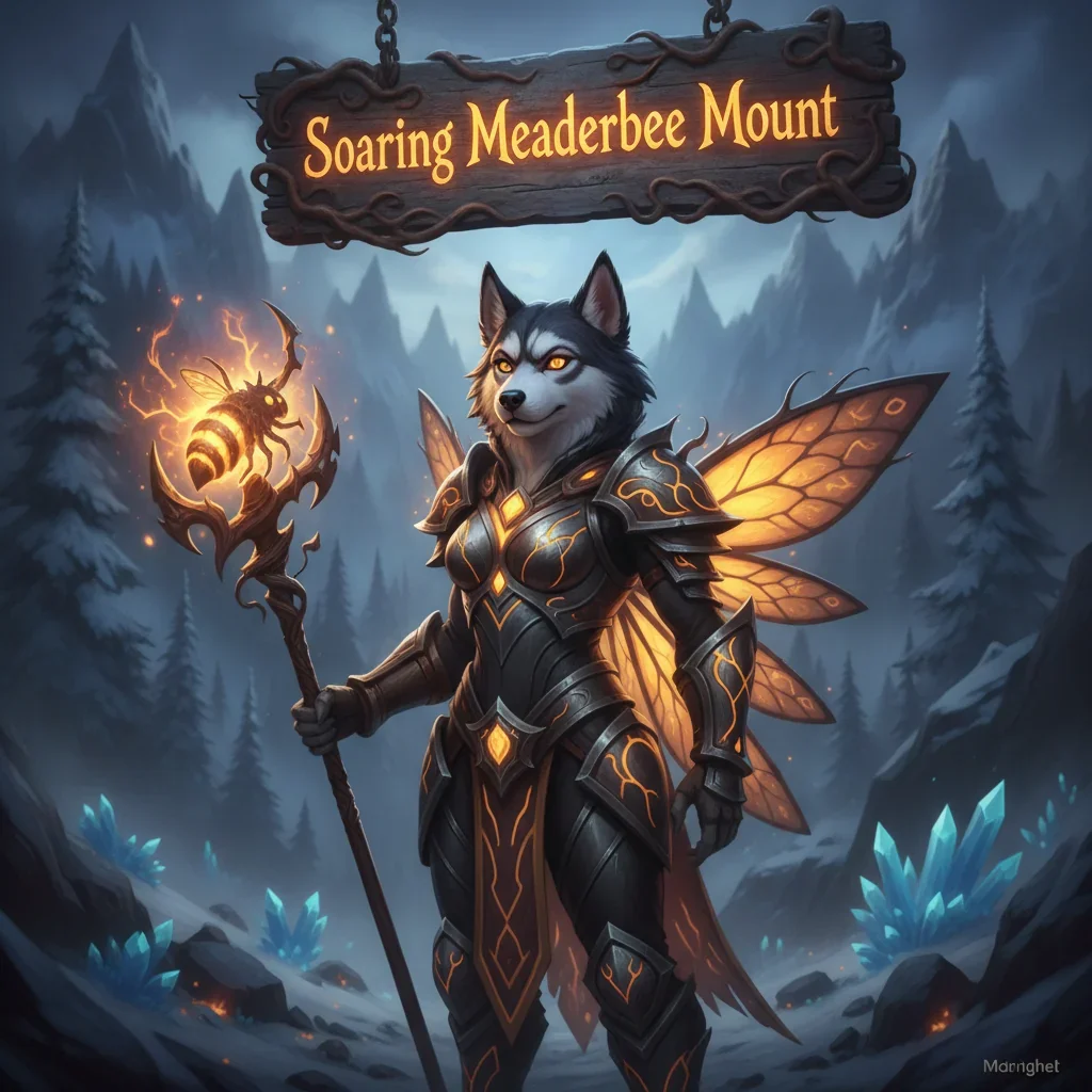 Anthropomorphic Husky character in detailed fantasy armor, set in a vibrant, soaring landscape, themed around mount acquisition content and progression in a fantasy game.
