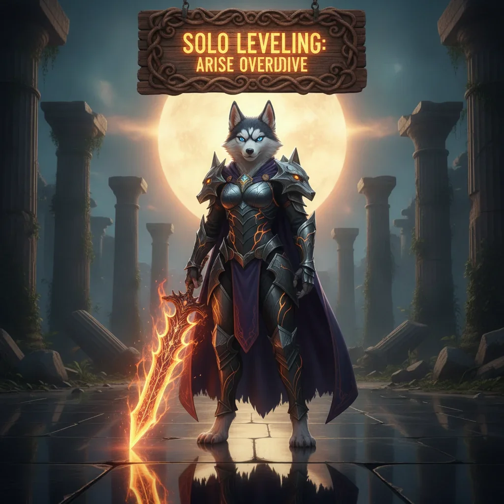 Fantasy game-inspired artwork featuring an anthropomorphic Husky character in a themed outfit, representing Solo Leveling: Arise content.