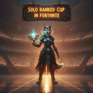 An anthropomorphic husky character in fantasy armor amidst a game-inspired environment, representing the challenges and competitive objectives of a Solo Ranked Cup in Fortnite.