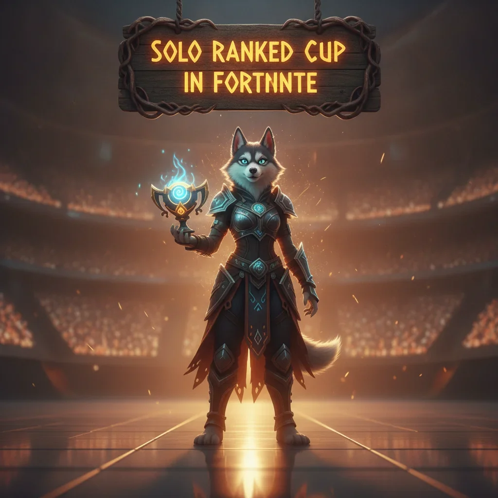 An anthropomorphic husky character in fantasy armor amidst a game-inspired environment, representing the challenges and competitive objectives of a Solo Ranked Cup in Fortnite.