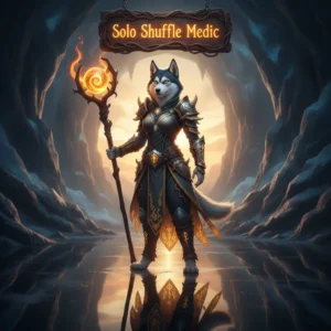 Fantasy game-inspired artwork featuring an anthropomorphic Husky character themed around Solo Shuffle medic content.