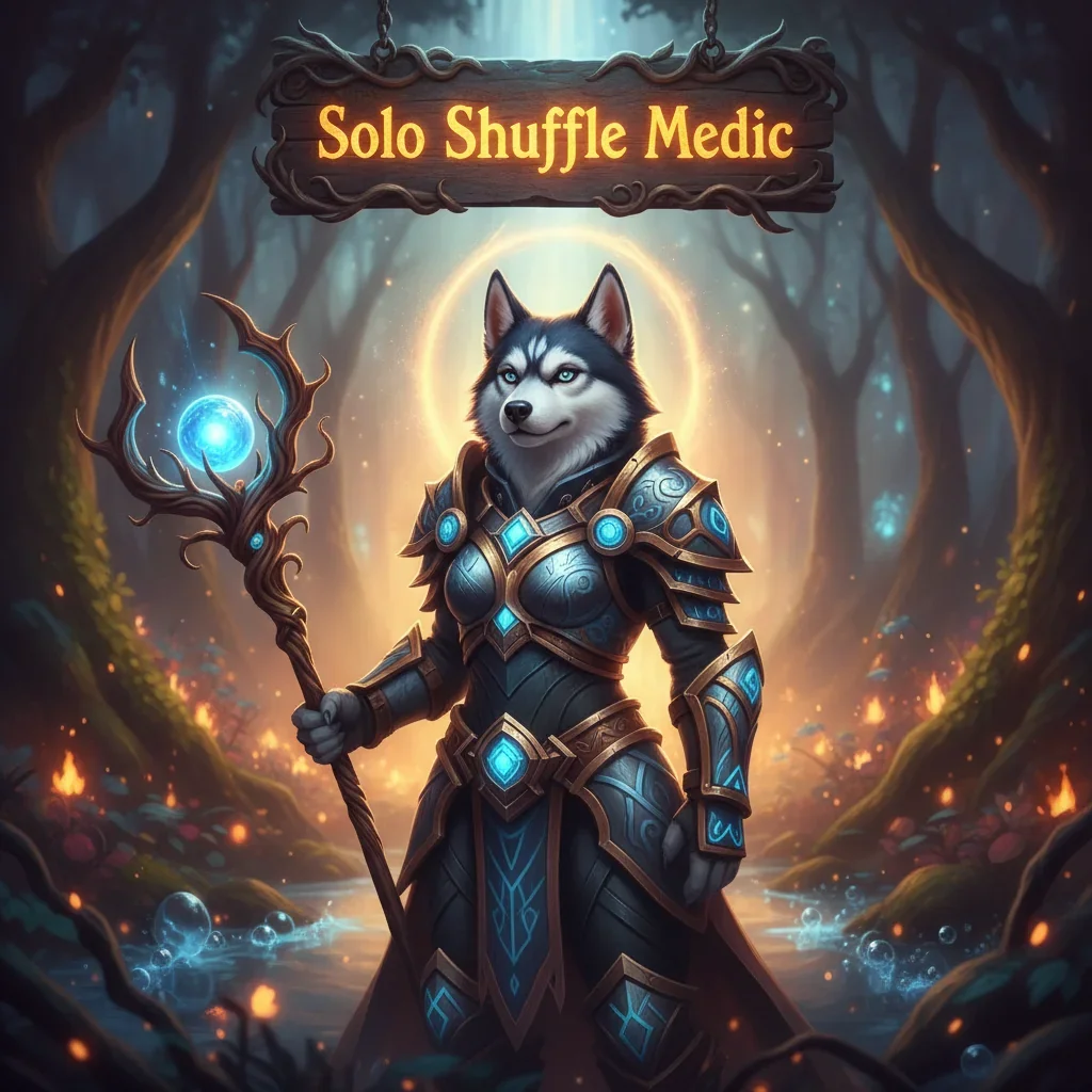 Fantasy artwork featuring an anthropomorphic husky medic, representing strategic healing in Solo Shuffle arena content, themed around midnight.
