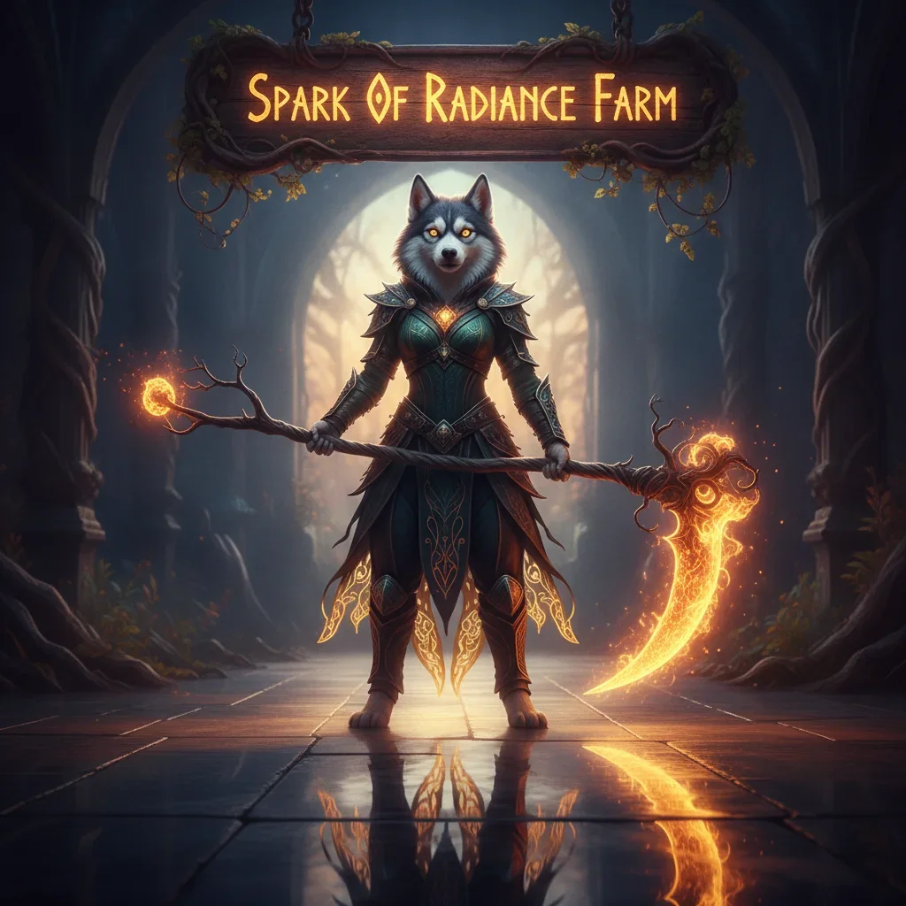 Fantasy artwork featuring an anthropomorphic Husky character in mystical attire, representing Spark Of Radiance resource farming in the WoW Midnight setting. The scene evokes a magical and resource-rich environment.