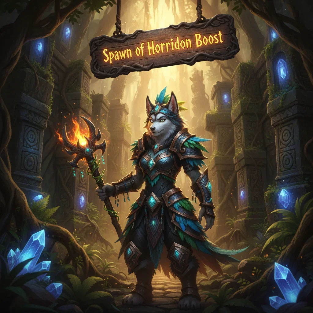 Fantasy artwork depicting an anthropomorphic husky adventurer, dressed in imposing armor, set against a backdrop hinting at a raid environment from WoW MoP Classic, related to obtaining the Spawn of Horridon mount.