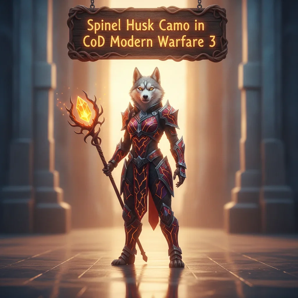 A fantasy game-inspired artwork featuring an anthropomorphic husky character in a themed outfit, representing Spinel Husk camo unlock objectives.