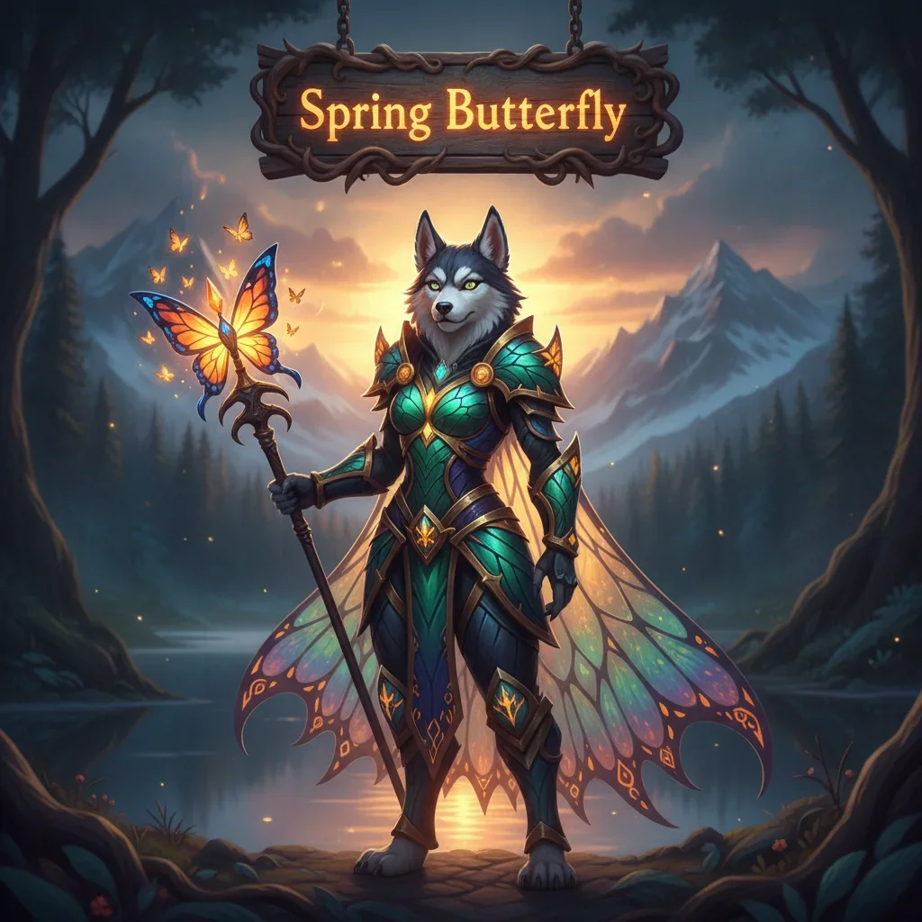 Anthropomorphic husky character in fantasy attire amidst a mystical midnight spring landscape with glowing butterflies. Artwork represents seasonal event content and objectives.
