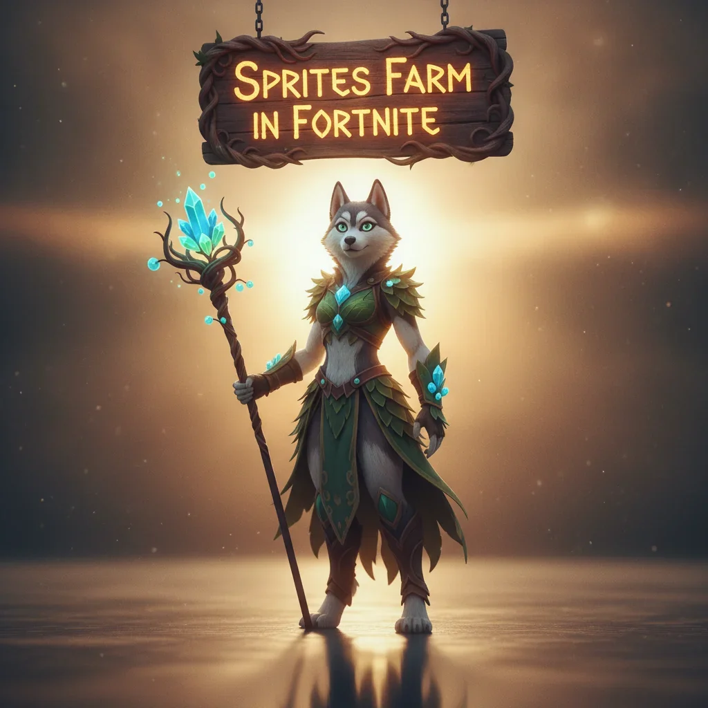Fantasy artwork featuring an anthropomorphic husky in a mystical, game-inspired forest, themed around Sprites farming and boost content for progression.