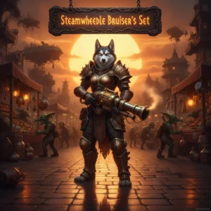 Fantasy artwork of an anthropomorphic husky in themed armor, representing the Steamwheedle Bruiser's Set acquisition content and character equipment progression.