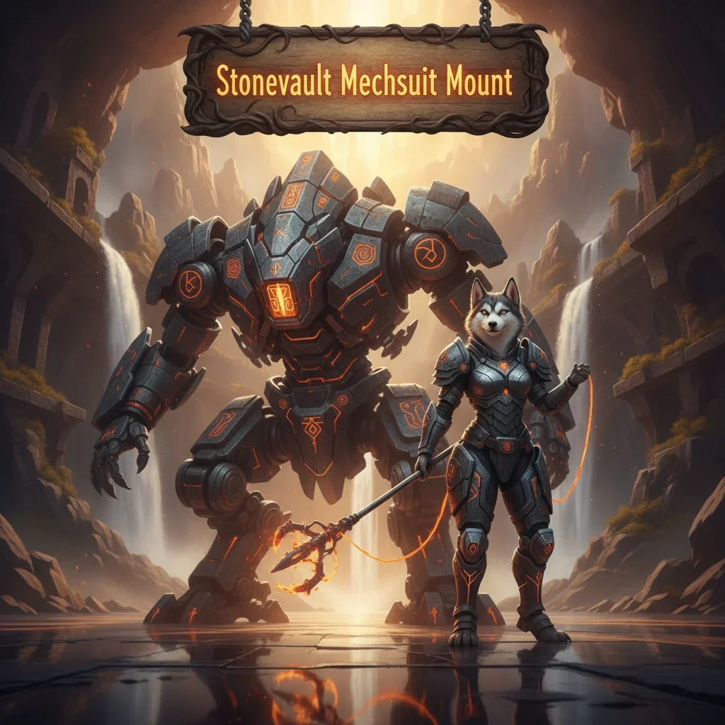 An anthropomorphic Husky character in fantasy attire, depicted with a powerful Stonevault Mechsuit Mount, inspired by the WoW Midnight game content and progression systems. The artwork represents mount acquisition objectives.