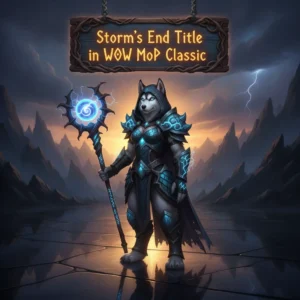 Anthropomorphic Husky character in fantasy armor amidst a storm-swept environment, representing the Storm's End Title.