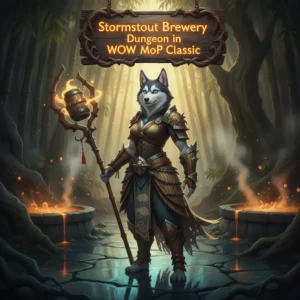 Fantasy game-inspired artwork featuring an anthropomorphic Husky character, themed around the Stormstout Brewery dungeon in Mists of Pandaria Classic.
