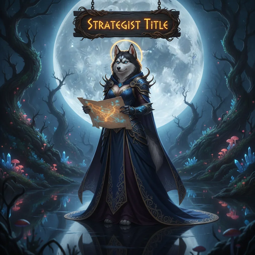 Anthropomorphic Husky in fantasy strategic armor within a dark 'Midnight' environment, representing the pursuit of a prestigious strategist title.
