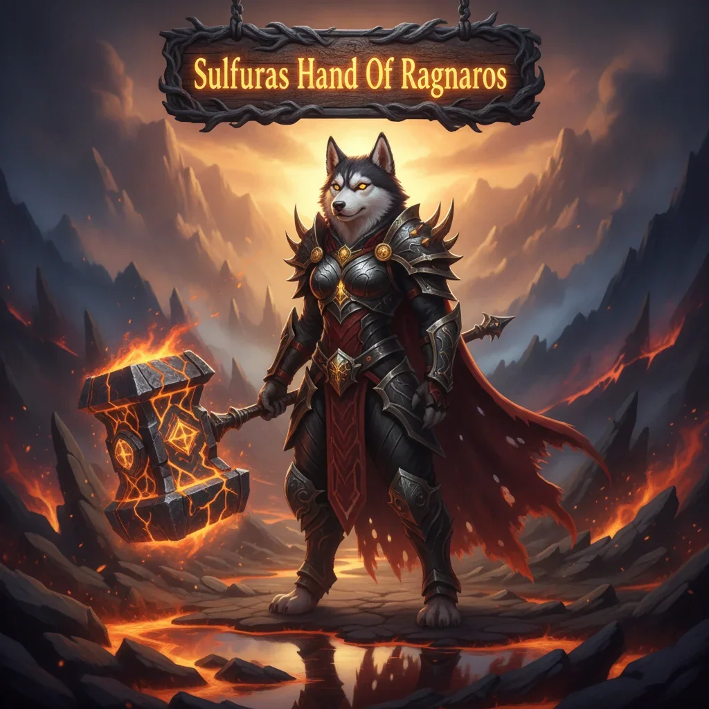 Anthropomorphic Husky character in fantasy armor. Artwork inspired by the legendary quest for Sulfuras, Hand of Ragnaros, representing endgame objectives.