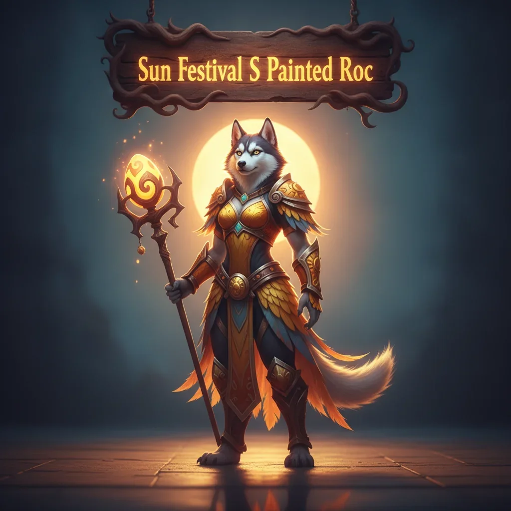 An anthropomorphic husky character is depicted in fantasy artwork, themed around the grand Sun Festival and a painted roc mount in World of Warcraft Midnight.