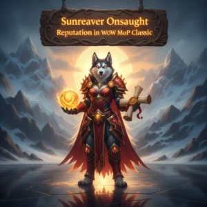 Fantasy artwork featuring an anthropomorphic Husky character, themed around Sunreaver Onslaught reputation gain in World of Warcraft Mists of Pandaria.