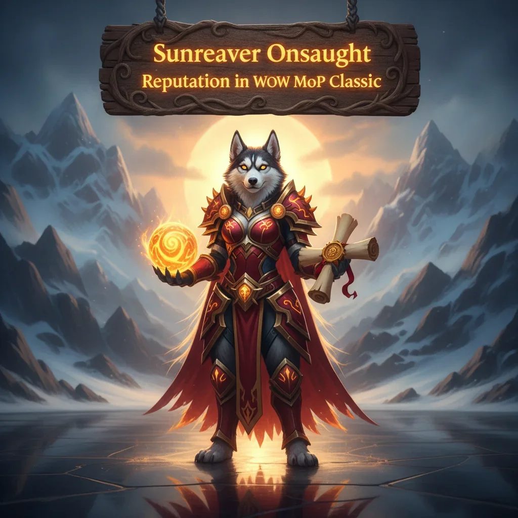 Fantasy artwork featuring an anthropomorphic Husky character, themed around Sunreaver Onslaught reputation gain in World of Warcraft Mists of Pandaria.