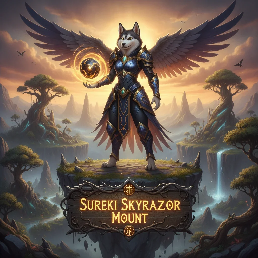 Fantasy artwork featuring an anthropomorphic Husky character in ornate armor, representing the Sureki Skyrazor mount boost service in the World of Warcraft Midnight expansion, set against a mystical sky.