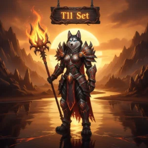 Anthropomorphic Husky character in game-themed fantasy armor. Artwork inspired by T11 raid set acquisition and character progression in World of Warcraft.