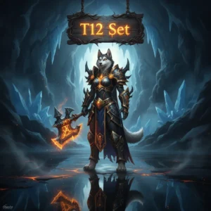 An anthropomorphic husky character in intricate fantasy armor, representing T12 set progression objectives in a dark, atmospheric game-inspired midnight scene.