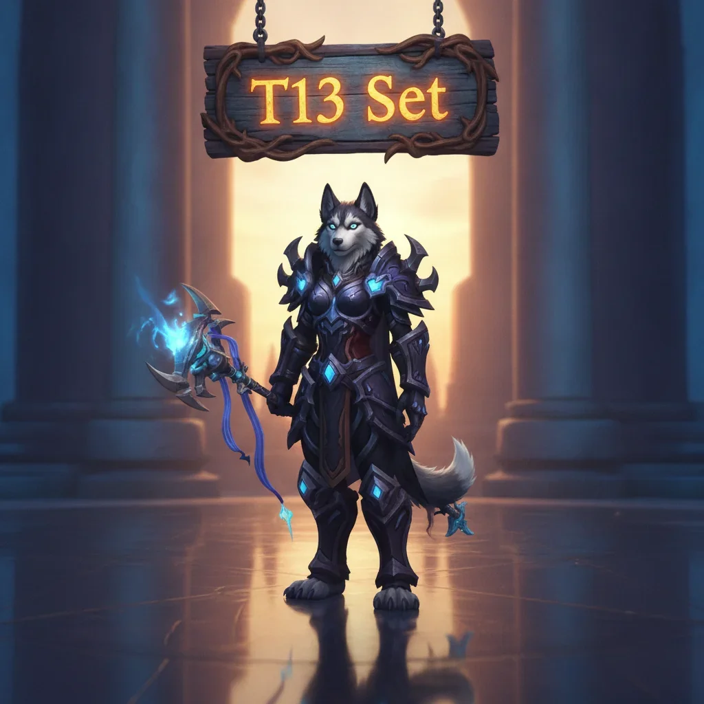 Fantasy artwork featuring an anthropomorphic Husky character in T13-inspired armor, representing World of Warcraft gear acquisition objectives under a midnight sky.
