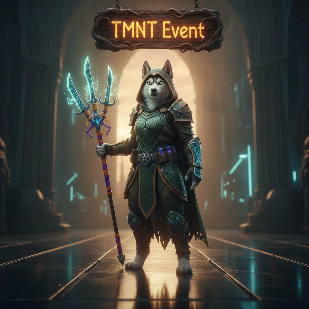 An anthropomorphic husky character in a themed outfit stands in a fantasy game environment, representing content for the TMNT event in Call of Duty Black Ops 6.