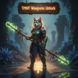 Anthropomorphic husky character in fantasy armor, representing TMNT weapon unlock content for Call of Duty Black Ops 6. The setting is a mystical, game-inspired environment.