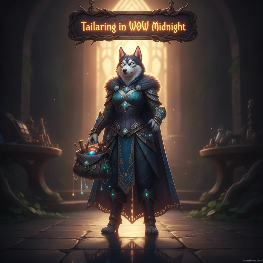 Fantasy artwork of an anthropomorphic Husky character in a dark, magical setting, themed around Tailoring profession skill development and crafting objectives within a game.