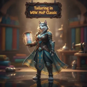 An anthropomorphic Husky character wearing fantasy robes, standing in a Mists of Pandaria-inspired environment. The artwork is related to profession leveling.
