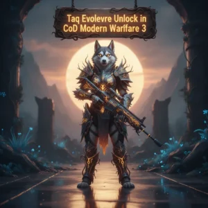 Fantasy artwork featuring an anthropomorphic Husky character in elaborate armor, representing Taq Evolvere weapon unlock content in Modern Warfare 3.