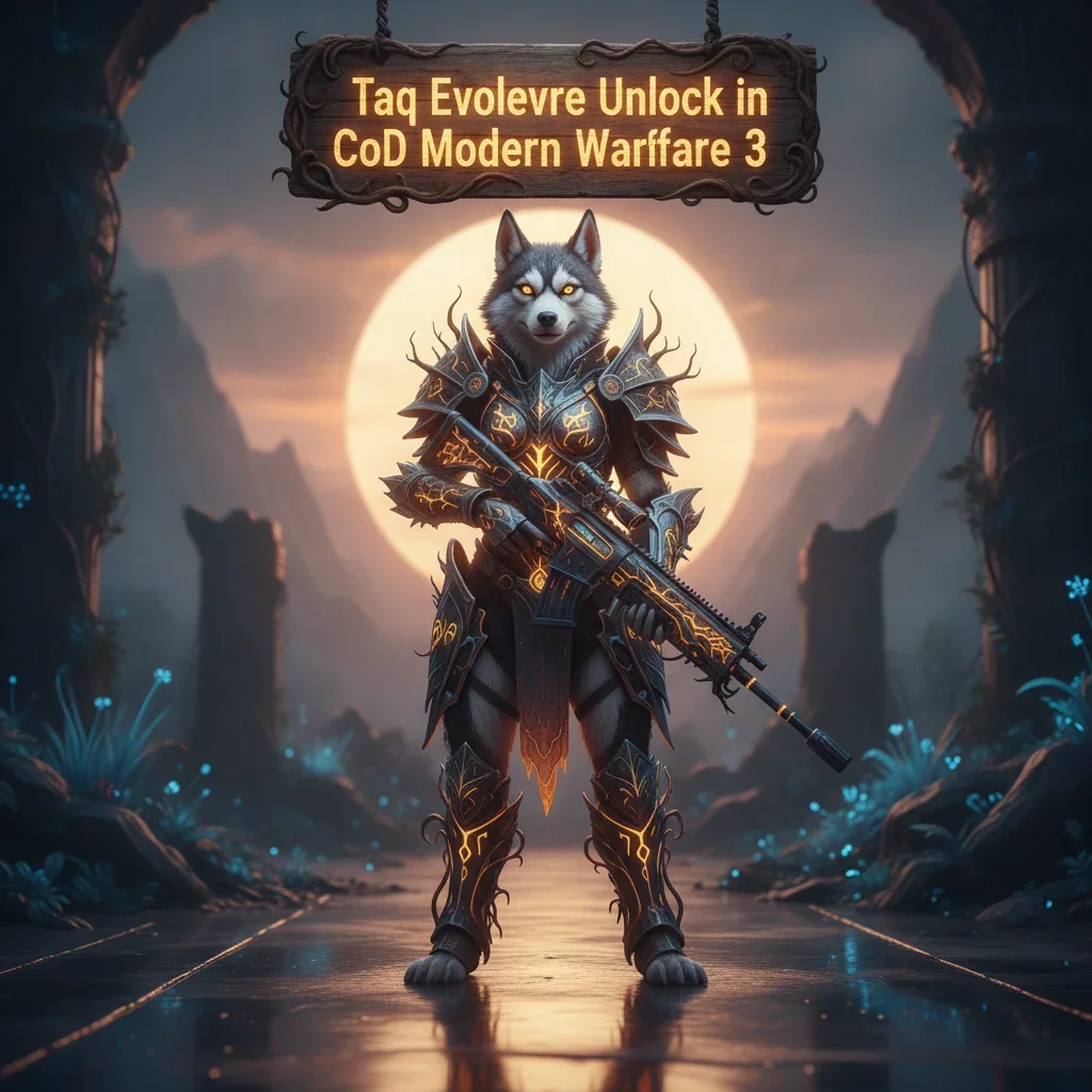 Fantasy artwork featuring an anthropomorphic Husky character in elaborate armor, representing Taq Evolvere weapon unlock content in Modern Warfare 3.