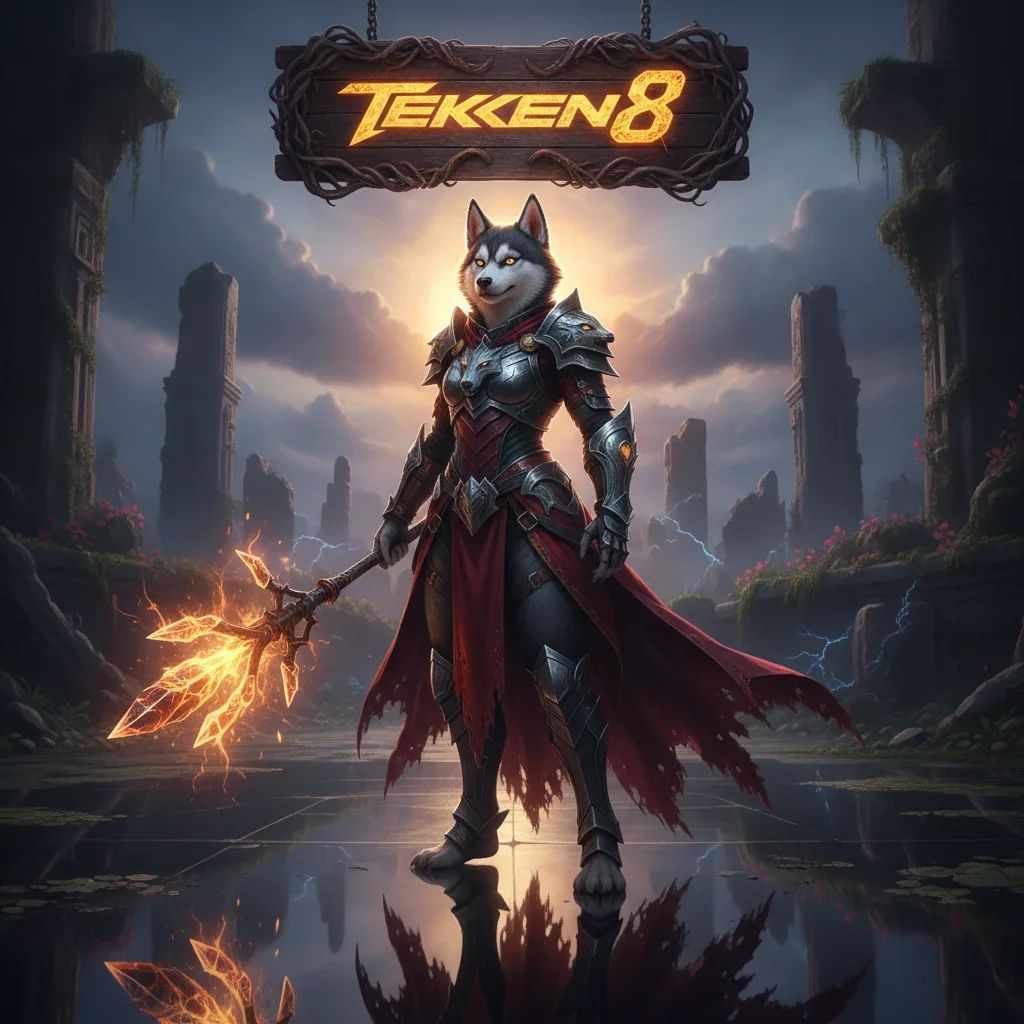 Fantasy artwork featuring an anthropomorphic husky character in an arena setting, themed around fighting game challenges.