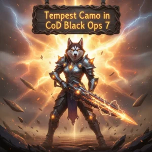 Fantasy artwork depicting an anthropomorphic Husky character in futuristic armor, themed around the Tempest Camo Boost and cosmetic unlocks in a CoD Black Ops 7-inspired game setting.