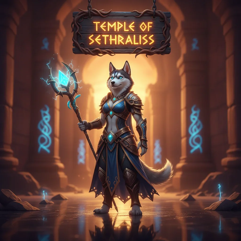 An anthropomorphic Husky character in fantasy armor stands in an ancient, mystical temple environment, inspired by Temple of Sethraliss content and objectives from WoW Midnight.