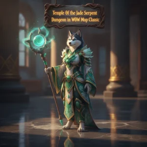 Fantasy artwork of an anthropomorphic husky in the Temple of the Jade Serpent, inspired by World of Warcraft Mists of Pandaria.