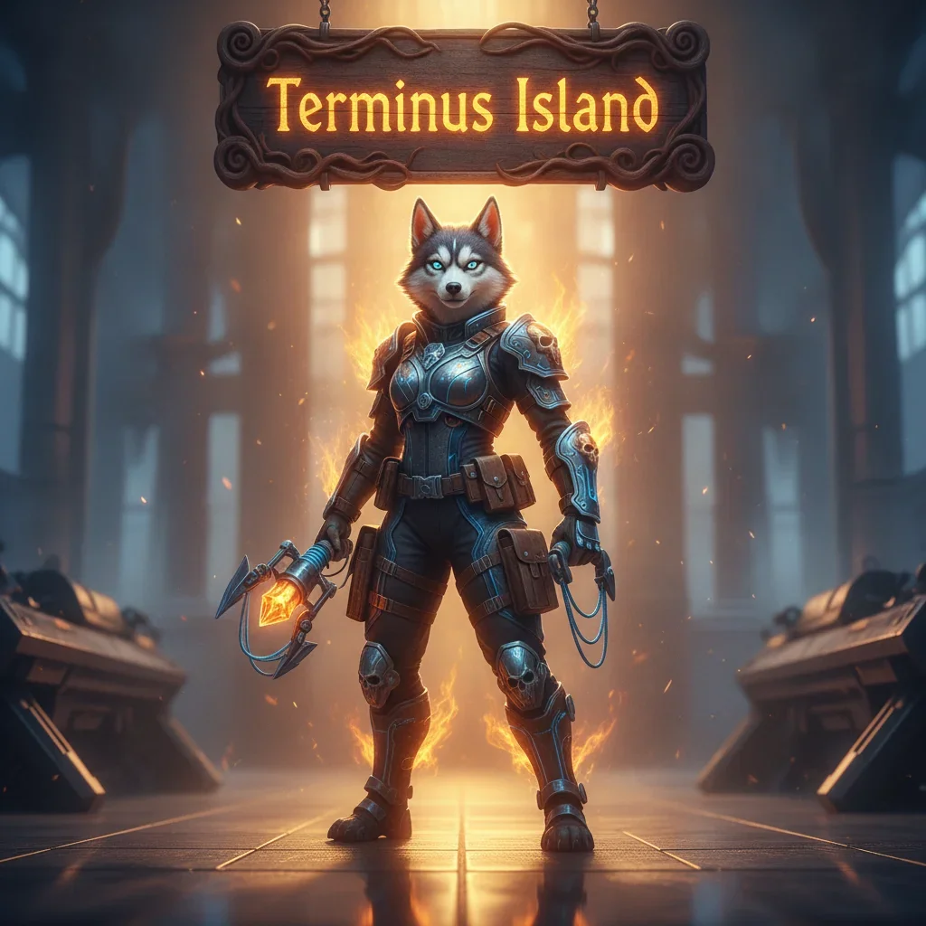 An anthropomorphic Husky character, clad in tactical fantasy gear, stands ready for Terminus Island challenges in Call of Duty Black Ops 6 themed artwork.