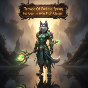 An anthropomorphic Husky character in fantasy armor, set in an environment inspired by the Terrace of Endless Spring raid from WoW Mists of Pandaria Classic.