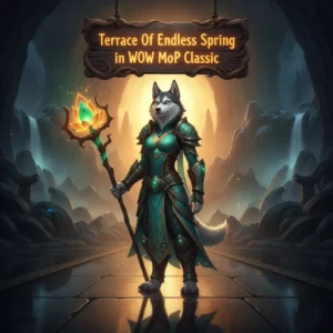 An anthropomorphic Husky character in fantasy armor, inspired by the 'Terrace of Endless Spring Heroic' content in WoW Mists of Pandaria Classic.