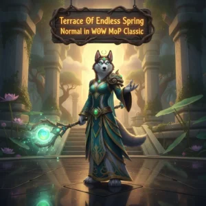 An anthropomorphic husky character in fantasy armor, representing the Terrace of Endless Spring raid content from WoW Mists of Pandaria Classic.